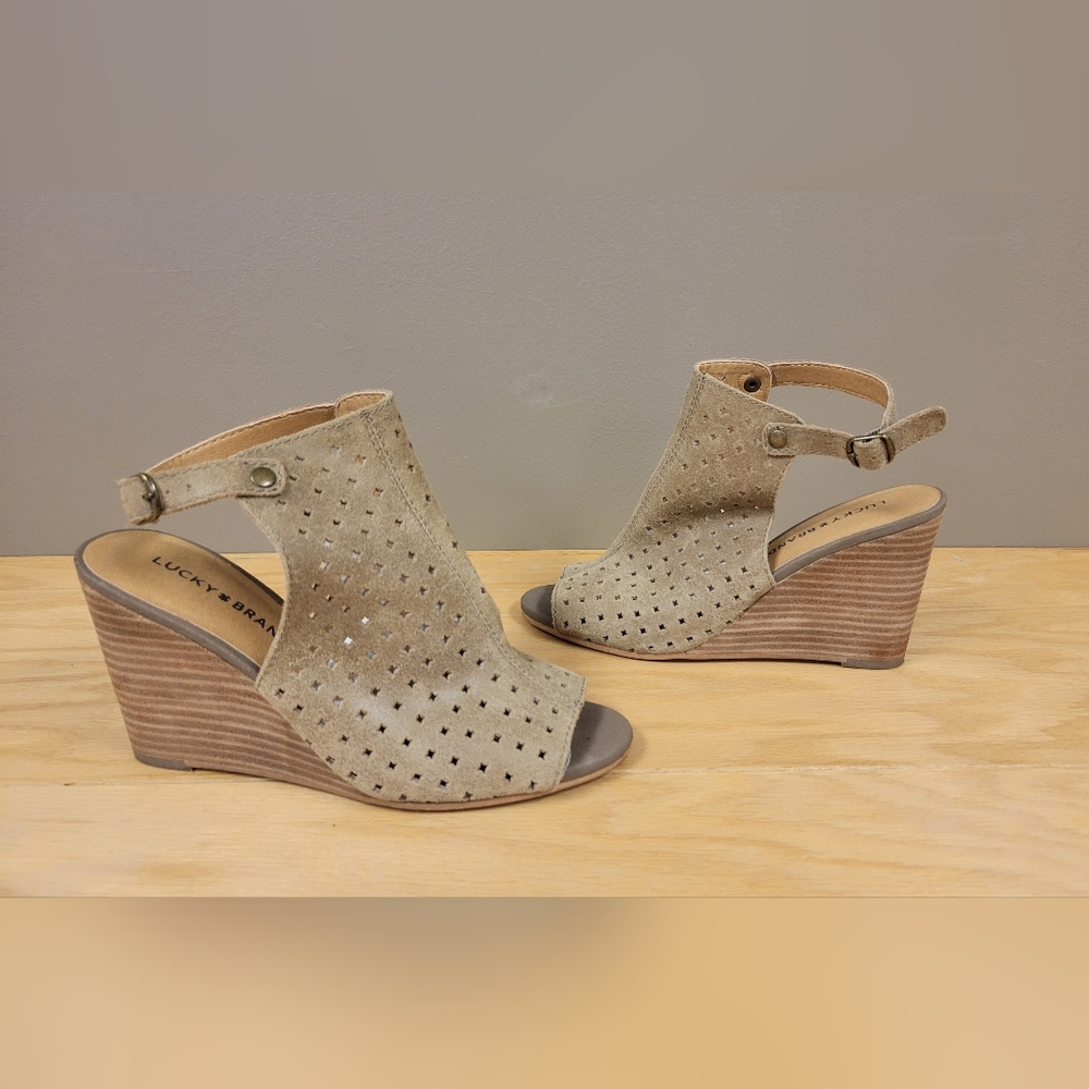 Lucky Brand Womens 7½ Wedge Perforated Peep Toe Ankle Wrap Bootie Heels Sandals